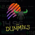 The image shows a colorful graphic with "MEMESOL" text at the top, a stylized bull or minotaur-like creature with prominent horns in the center, and the word "DUMMIES" displayed in bold yellow letters at the bottom, all set against a backdrop of trading data with various price figures and ticker symbols. This educational "Memesol for Dummies" graphic relates to the post by illustrating a beginner-friendly explanation of LPing (liquidity providing) on Meteora with $ANSEM and $SOL tokens.
