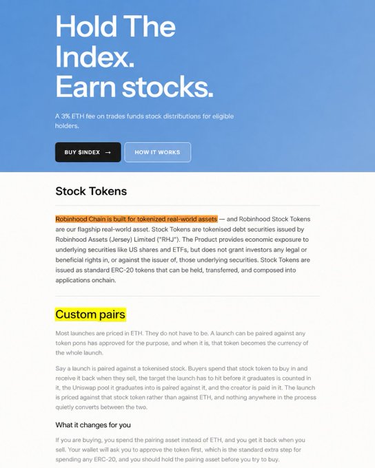 A webpage for "Robinhood Chain" with the headline "Hold The Index. Earn stocks." advertising a 3% ETH fee on trades that funds stock distributions, alongside sections on "Stock Tokens" and "Custom pairs" explaining how tokenized RH securities (RHJs) and launch pairings work. The image relates to the post by illustrating the $INDEX side of the Robinhood Chain ecosystem, which the post contrasts with $PONS as the issuance layer enabling direct pairings against Robinhood Stock Tokens.