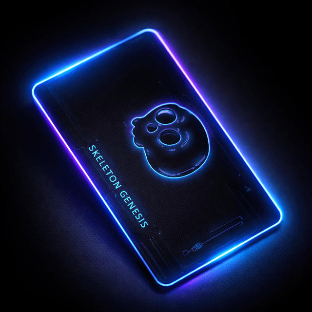 The image features a phone screen with a skull design, which appears to be glowing blue neon. The background of the image is black, making the illuminated skull stand out prominently. There are no texts or other objects present in the image. The focus on the glowing skull and its surroundings suggests that it might be related to an NFT launch or promotion, as indicated by the caption "Launch NFTs".