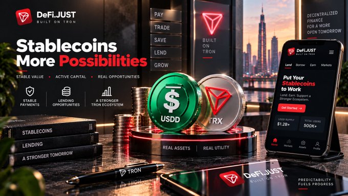 A promotional banner for DeFiJUST built on TRON, advertising "Stablecoins More Possibilities" with USDD and TRX tokens displayed and features like Pay, Trade, Save, Lend, and Grow.