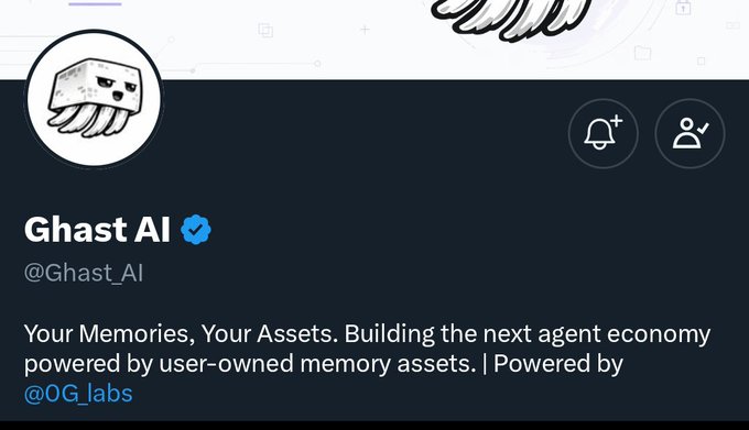 A Twitter/X profile page for "Ghast AI" (@Ghast_AI), showing a ghost-with-tentacles logo and the tagline "Your Memories, Your Assets. Building the next agent economy powered by user-owned memory assets. | Powered by @0G_labs." The image corresponds to the post promoting their free mint of user-owned AI agent NFTs.