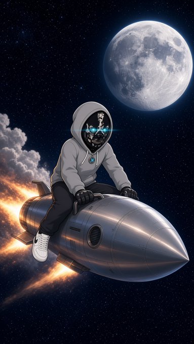 A digital illustration of a character wearing a skull mask and a grey hoodie, riding a rocket through space with a large moon and clouds in the background.
