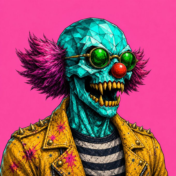 A vibrant digital illustration of a teal, faceted skull with a red clown nose, green goggles, pink hair tufts, and a yellow spiked leather jacket against a bright pink background.