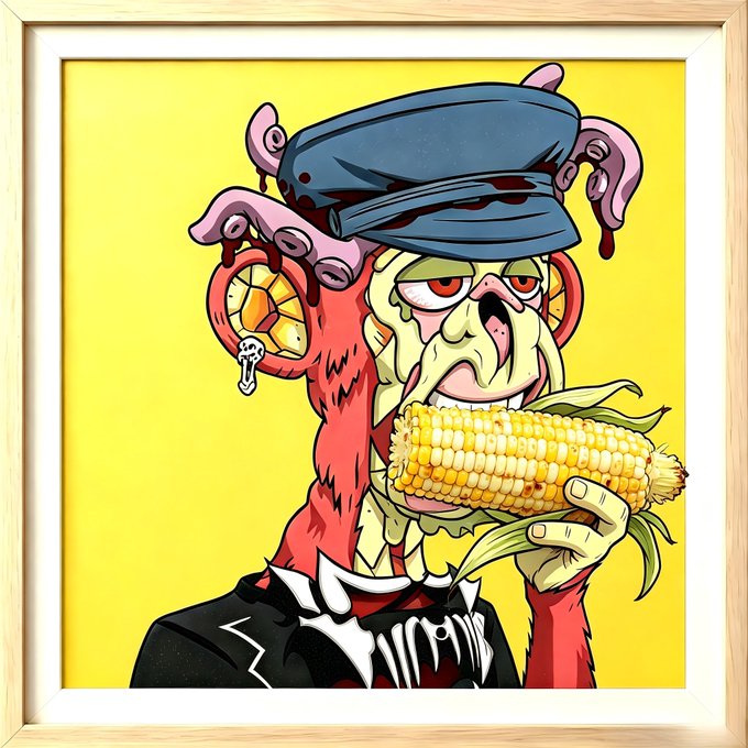 A grotesque zombie-like Bored Ape character wearing a blue cap eats a cob of corn against a bright yellow background, matching the post's caption about the monkey enjoying corn as a healthy snack, with the artwork credited to @BoredApeYC and @ApeChainHUB.