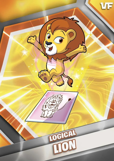 A digital trading card featuring a cartoon lion character with the text 'LOGICAL LION' and 'VF' at the top, set against a glowing yellow and orange background.