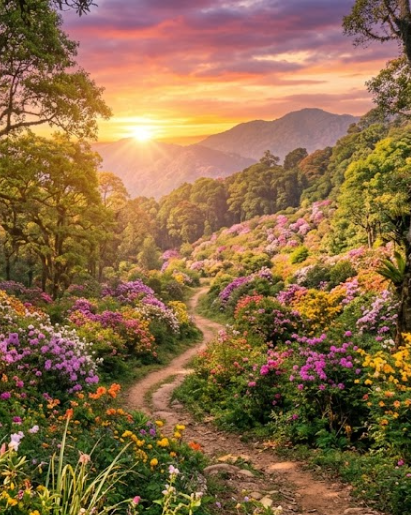 A scenic landscape illustration featuring a winding path through vibrant wildflowers and trees, leading toward mountains under a colorful sunset sky.