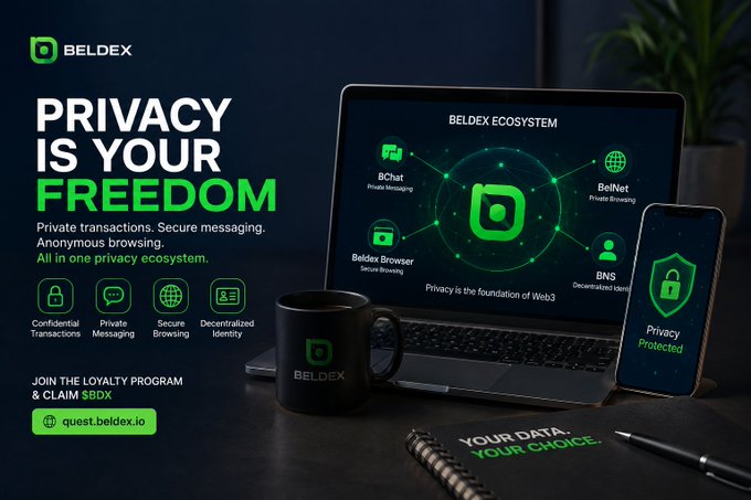 A Beldex promotional advertisement with the tagline 'PRIVACY IS YOUR FREEDOM,' showcasing their privacy ecosystem including BChat, BelNet, Beldex Browser, and BNS, alongside images of a laptop, smartphone, and coffee mug.