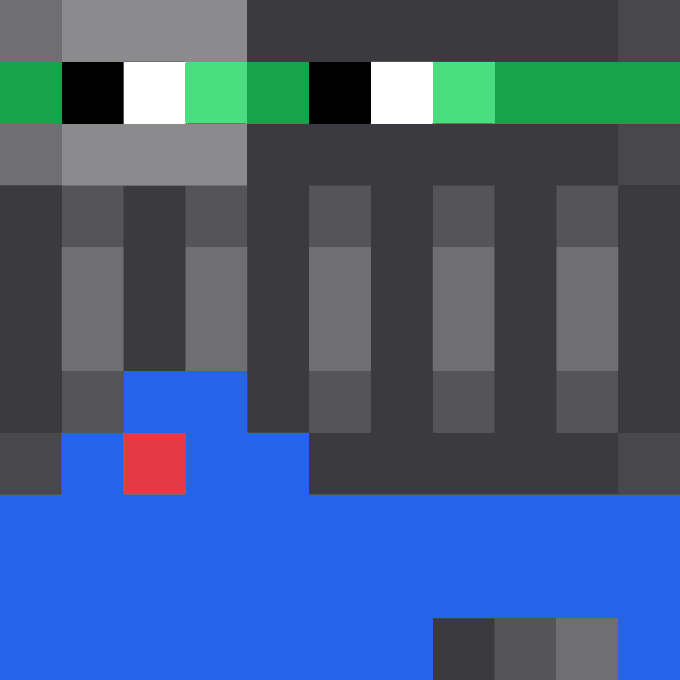 Minimalist pixel art piece featuring a horizontal green band with black and white squares at the top, gray rectangular shapes in the middle, and a solid blue area at the bottom with a single red square.