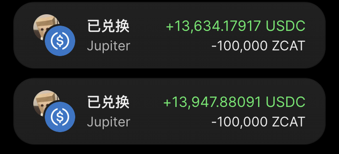 The image shows two completed token swap transactions on the Jupiter decentralized exchange, each exchanging 100,000 ZCAT for USDC (13,634.17917 USDC and 13,947.88091 USDC respectively). This appears to be evidence of successful trades, likely shared by the user as proof of holdings to promote legitimacy for their giveaway contest.
