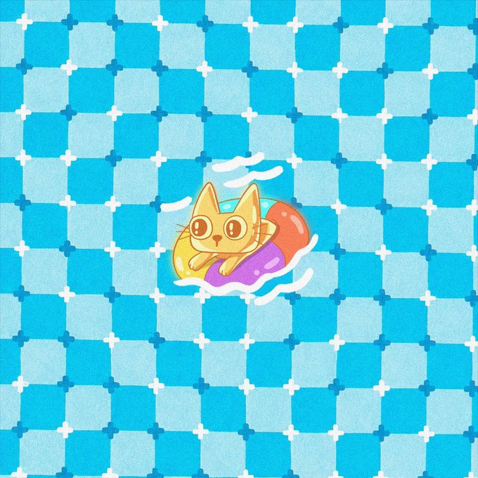 An illustrated wallpaper of a cute orange cat with large eyes floating in a purple and yellow inner tube on blue checkered water.