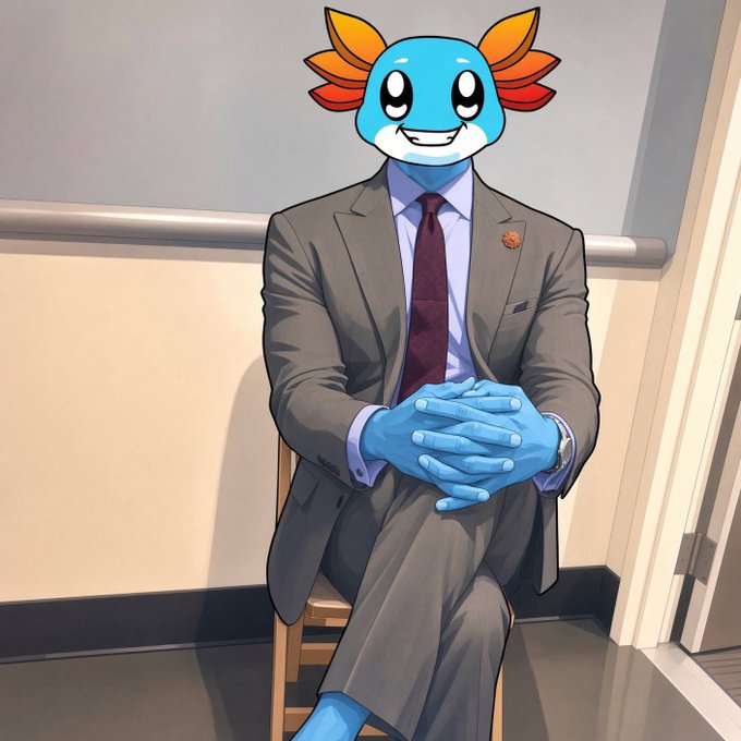 An axolotl-headed figure in a professional gray suit and burgundy tie sits with hands clasped, exuding a cheerful "good morning and happy weekend" vibe as it poses for the camera.