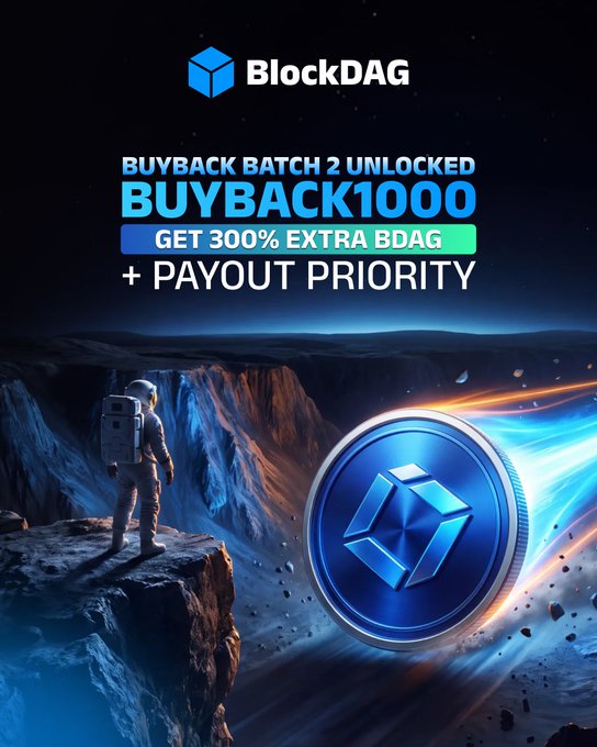 The image promotes BlockDAG's "BUYBACK BATCH 2" with code "BUYBACK1000," offering 300% extra BDAG plus payout priority, featuring an astronaut on a cliff overlooking a landscape with a large BDAG coin in flight that visually reinforces the post's message of a special, elevated crypto buyback opportunity.
