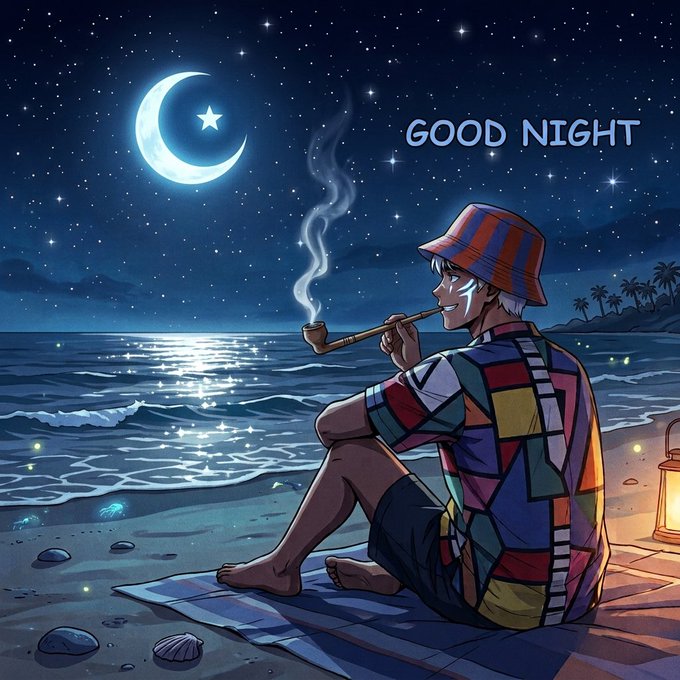 An anime-style illustration of a young man smoking a pipe while sitting on a beach mat at night, gazing at a crescent moon and starry sky, with the text 'GOOD NIGHT' displayed.