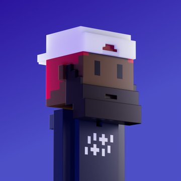 A 3D voxel/blocky stylized character with a white and red head, dark body, and pixelated details on a purple background.