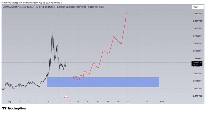 A TradingView chart shows MUBARAKUSDT Perpetual Contract on a 1-hour timeframe, displaying a sharp price spike from around $0.014–0.016 in early August to a peak near $0.0319, with a pink circle marker highlighting the bounce zone around August 12–13 near the $0.016 support level (highlighted by a blue zone).