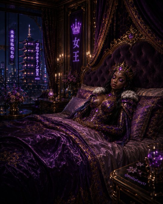A Black queen adorned in purple and gold robes reclines on an ornate tufted bed beneath a glowing neon "女王" (Queen) sign, with Japanese text reading "未来は私のもの" (The future is mine) and "@PrettyFavy17" visible in the corner.

The image visually echoes the post's themes of permanence and transformation — the queen, rendered as a regal, unchanging archetype, embodies the "permanence" aspect, while the vibrant, evolving digital art aesthetic mirrors the "living generative" nature of the described Bitcoin-inscribed, Ethereum-evolving project.