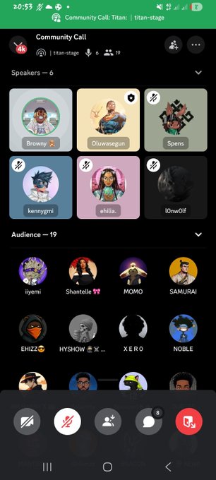 A screenshot of a Discord voice call titled 'Community Call: Titan | titan-stage' showing six speakers and an audience of 19 users with various avatars.