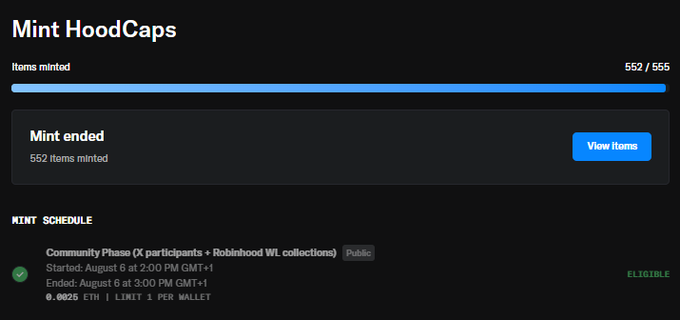 The image shows a completed "Mint HoodCaps" NFT mint page with 552/555 items minted, featuring a "View Items" button and an "ELIGIBLE" Community Phase with a "Public" tag at 0.0025 ETH (1 per wallet limit). This demonstrates OpenSea's new addition of "Whitelist"/"Public" tags next to each mint phase, as mentioned in the accompanying post.