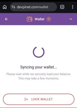 A screenshot of devpinet.com/wallet showing a "Syncing your wallet..." loading screen with a "LOCK WALLET" button. The image relates to the scam warning by illustrating a Pi Network wallet interface that fraudulent apps like StepnPi may mimic to trick users into entering their passphrases.