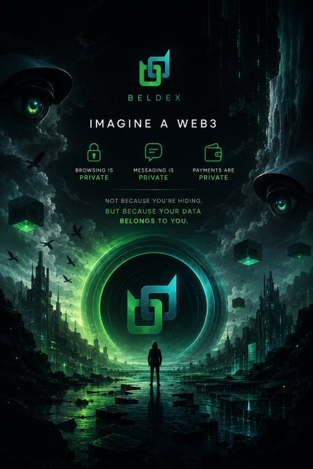 Promotional graphic for 'BELDEX' titled 'IMAGINE A WEB3' highlighting 'BROWSING IS PRIVATE', 'MESSAGING IS PRIVATE', and 'PAYMENTS ARE PRIVATE', with the tagline 'NOT BECAUSE YOU'RE HIDING, BUT BECAUSE YOUR DATA BELONGS TO YOU.'