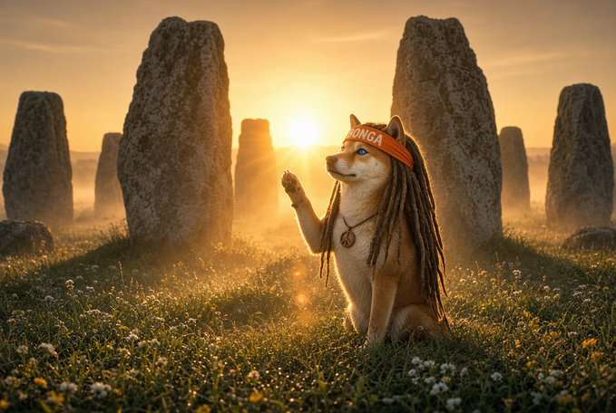 An anthropomorphic Shiba Inu dog with dreadlocks, blue eyes, and an orange 'BONGA' headband sits in a sunny meadow among standing stones, raising one paw.