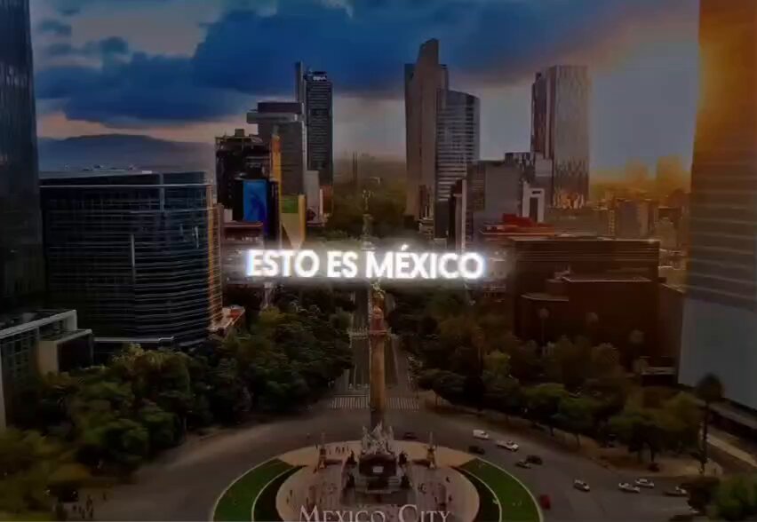 és es mexico, a digital advertisement for Mexico City's skyline at sunset, with the city's tallest buildings and trees visible against a dark blue sky.