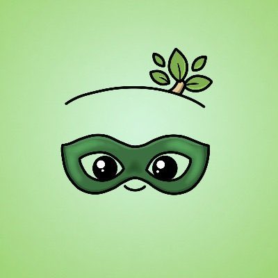 A cute cartoon-style illustration of a round green character wearing a dark green superhero mask, with a small sprout or tree growing from the top of its head, set against a light green background.
