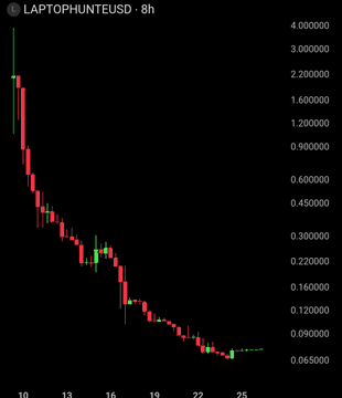 A candlestick chart showing the 8-hour price action of the LAPTOPHUNTEUSD cryptocurrency pair, which has crashed from around $4.00 to approximately $0.07, illustrating the near-total collapse referenced in the post where a $10,000 investment would be worth just $3.