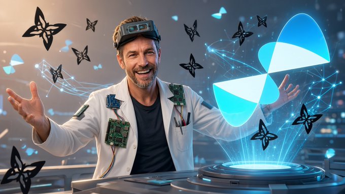 A digitally edited image of a smiling man in a lab coat wearing electronic components and a head device, surrounded by butterflies and a glowing blue propeller-like hologram.