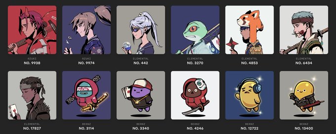 A grid of NFT collection thumbnails showing various character avatars (Beast, Knife, Elemental types) with their edition numbers, including IDs like No. 9938, No. 442, No. 12727, and No. 13400.