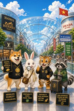 A cartoon illustration featuring four animal characters (dog, rabbit, tiger, raccoon) in a luxury shopping mall with stores like Chanel, Hermes, Louis Vuitton, and Prada, each holding signs about Bitcoin and cryptocurrency concepts.