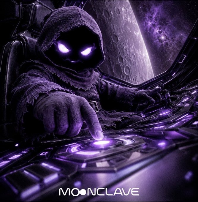 The image depicts a mysterious hooded figure with glowing purple eyes operating a futuristic control panel in space, with a large moon in the background, and the text "MOONCLAVE" appears at the bottom. The eerie, powerful imagery of a lone figure commanding cosmic controls visually reinforces the post's message about Moonclave building strength through active community participation rather than mere visibility.