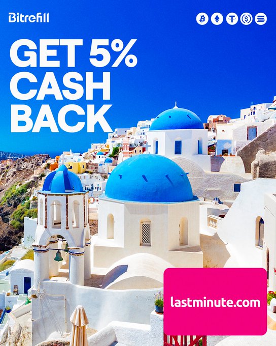 The image features a poster advertising five cents back for cashback using Bitcoin. The text emphasizes that this promotion applies specifically between June 1st and July 14th, making it an ideal time to take advantage of the offer. The advertisement also mentions an online gift card service called Lastminute.com.
