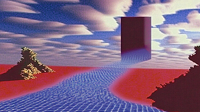 A surreal, retro-style 3D landscape featuring red terrain, a blue rippled river, a floating dark rectangular monolith, and dramatic clouds in a blue sky.
