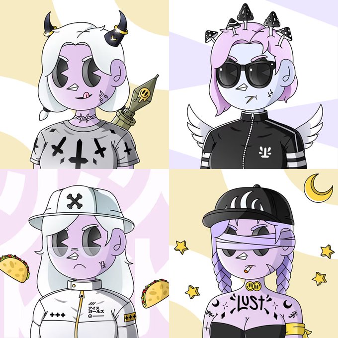 A four-panel illustration featuring stylized cartoon characters with gothic and alternative aesthetics, including a devil horned figure, an angel-winged figure with sunglasses, a character in a white cap with cross markings, and a figure with braids wearing a 'LUST' top.