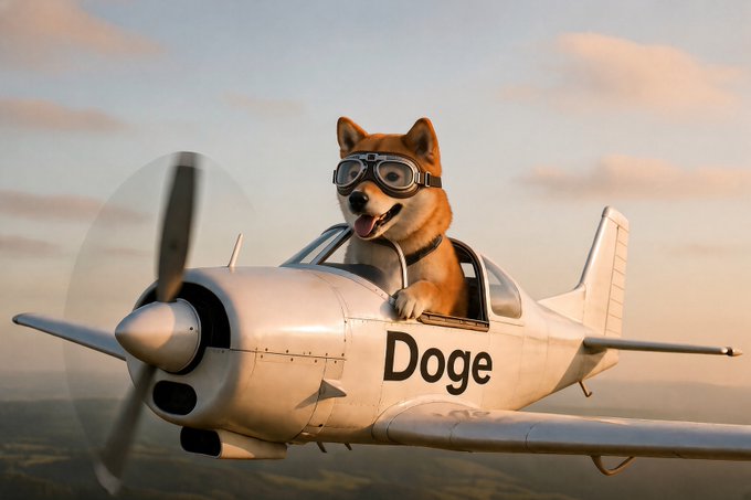 A Shiba Inu dog wearing aviator goggles pilots a small white airplane labeled 'Doge' through a cloudy sky.