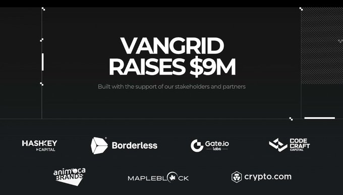 Announcement graphic stating 'VANGRID RAISES $9M' with logos of supporting partners including HashKey Capital, Borderless, Gate.io Labs, Code Craft Capital, Animoca Brands, Mapleblock, and Crypto.com.
