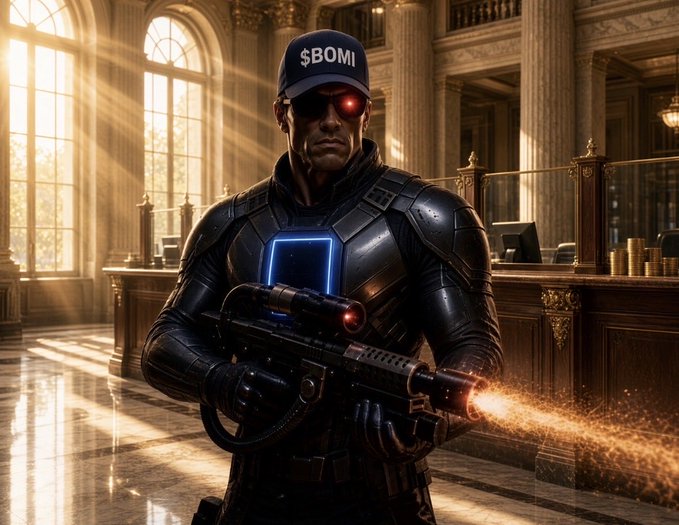 A cinematic illustration of a futuristic soldier in black armor with a glowing blue chest plate, wearing a cap reading '$BOMI' and red-tinted goggles, holding a rifle that fires sparks, set inside an ornate classical building.