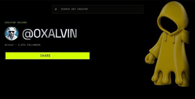 Digital creator profile card for @OXALVIN (3,073 followers) displayed against a black background, featuring a yellow hooded character figurine and a yellow Share button.