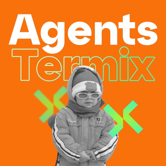 A graphic with orange background displaying bold white text 'Agents' and green outlined text 'Termix', overlaid with green code bracket symbols and a black-and-white photo of a child in winter clothing and sunglasses.