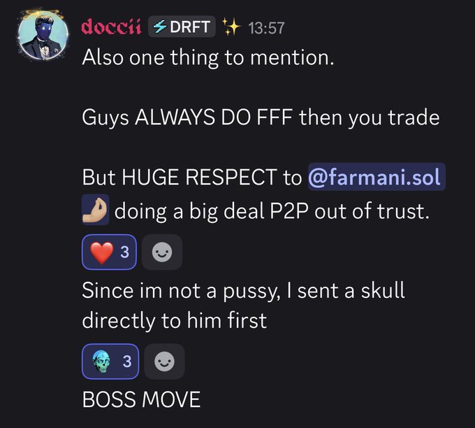 A Discord message from "doccii" (@docciiNFT) explains that while people usually use FFF (escrow) for trades, he gave "HUGE RESPECT" to @farmani.sol for completing a big P2P deal based on trust, noting "Since im not a pussy, I sent a skull directly to him first" in a "BOSS MOVE."

The post relates to the image by highlighting this act of trust within the MadLads community, where doccii sent a valuable Mad Skull NFT (valued at 10k $USDC plus the NFT) directly to @ayatolaSOL without an escrow middleman.