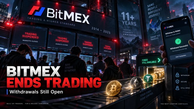 A promotional graphic for BitMEX announcing 'BITMEX ENDS TRADING | Withdrawals Still Open,' featuring the BitMEX logo, the text '11+ YEARS' and 'TRADING SUSPENDED MARKETS CLOSED' on screens, and a smartphone showing a successful withdrawal notification.