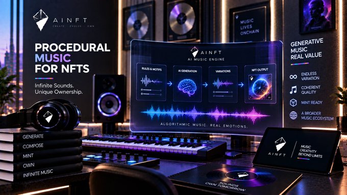 A promotional graphic for AINFT advertising 'Procedural Music for NFTs' with features like AI generation, mint ready, and music creativity, displayed in a music studio setting.