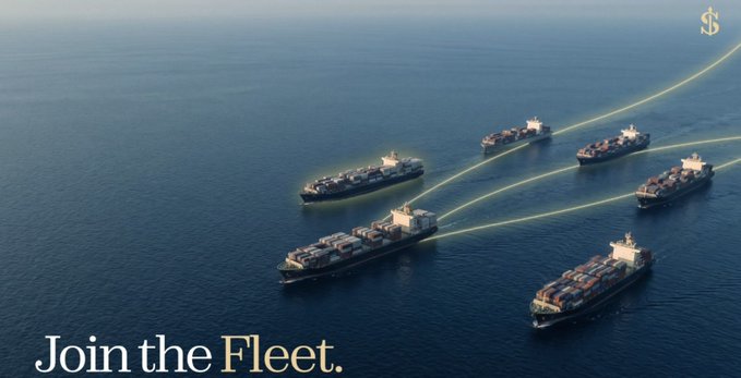 An aerial view shows five large container ships sailing in formation across deep blue ocean waters, connected by glowing yellow trails, with the text "Join the Fleet." displayed in the bottom left and a dollar sign logo in the top right.

The image visually reinforces the post's theme by symbolizing a coordinated maritime fleet—directly tying to EthraShip's branding—while the "Join the Fleet" text invites users to participate in Ethra Harbor's launch on Base Mainnet, paralleling the post's mention of simple, transparent participation in real maritime data infrastructure.