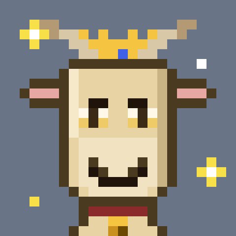 Pixel art illustration of a cartoon character with a crown, deer-like antlers, and a red belt against a blue background with yellow sparkle effects.
