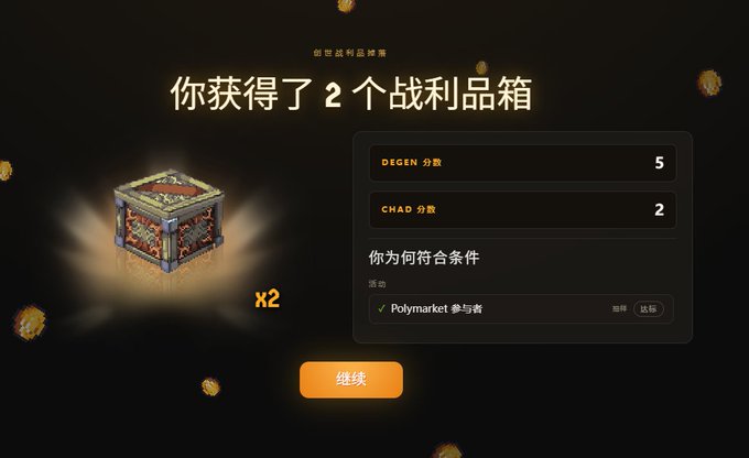 A gaming reward screen announces "你获得了 2 个战利品箱" (You received 2 loot boxes), showing two treasure chest icons with a "x2" indicator. The player earned 5 DEGEN and 2 CHAD points as a Polymarket participant, illustrating the Cambria airdrop claim process for $RSGP tokens.