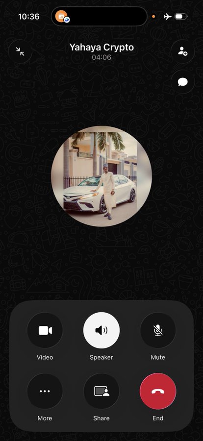 A video call screen showing a call with "Yahaya Crypto" lasting 04:06, with the caller displaying a profile picture of a man in white traditional attire standing next to a white car. The image illustrates a personal video conversation, likely the moment after the user thanked the caller with "Thank u bro."