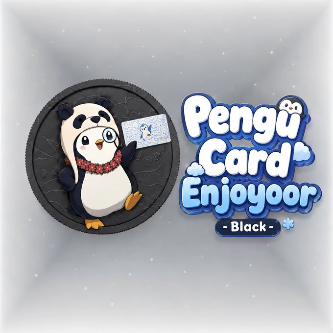 The image shows a black coin featuring a cute cartoon penguin wearing a panda hat and red flower lei, holding a small card, alongside the text "Pengu Card Enjoyoor - Black -" in blue bubble letters. This relates to the post as it announces the user's newly acquired Pengu Card Enjoyoor Black SBT (likely distributed based on spending activity on KAST), with them hinting at an upcoming Gold tier after surpassing $1,000 in total spending.