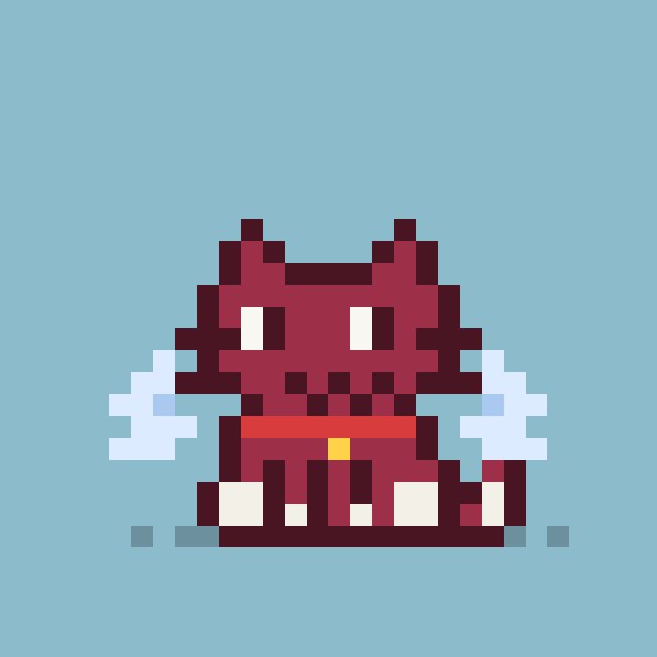 A pixel art illustration of a small maroon demon or imp character with white wings, a red collar with a gold tag, and cream-colored accents, set against a light blue background.