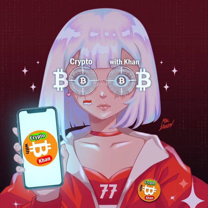 An anime-style illustration of a girl with white hair and Bitcoin-themed glasses, holding a phone displaying 'Crypto with Khan' with the number '77'.
